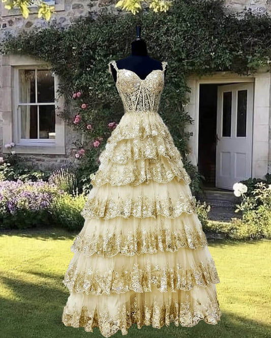 Gold Lace Prom Dress