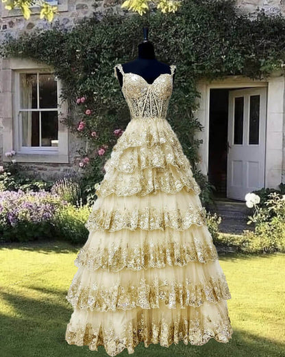 Gold Lace Prom Dress