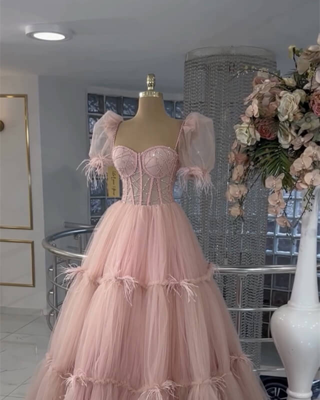 Pink Puffy Sleeves Tulle Ball Gown Prom Dress Lisposa Pink Puffy Sleeves Tulle Ball Gown Prom Dress Lisposa