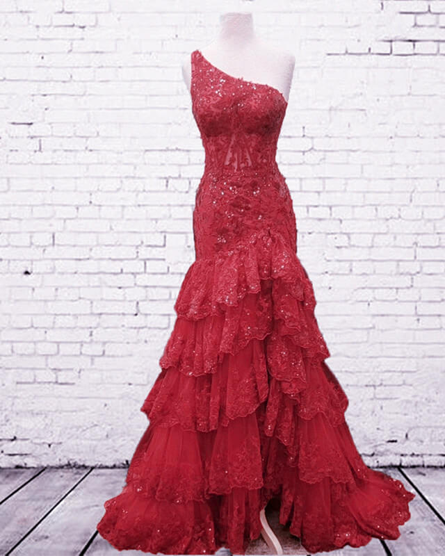Mermaid Dark Red Lace Prom Dress