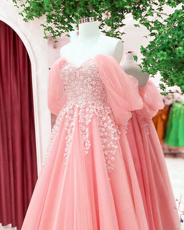 Blush Tulle A-line Off Shoulder Appliques Dress