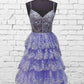 Light Purple V Neck Layered Lace Prom Dress