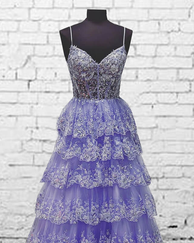 Light Purple V Neck Layered Lace Prom Dress