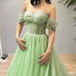 Light Green Beaded Tulle Off-the-shoulder Dress