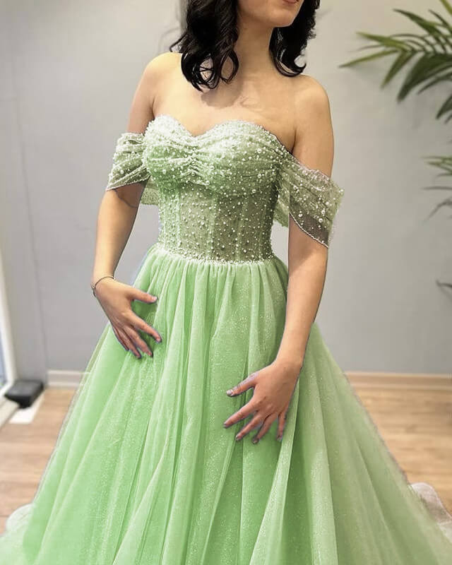 Light Green Beaded Tulle Off-the-shoulder Dress