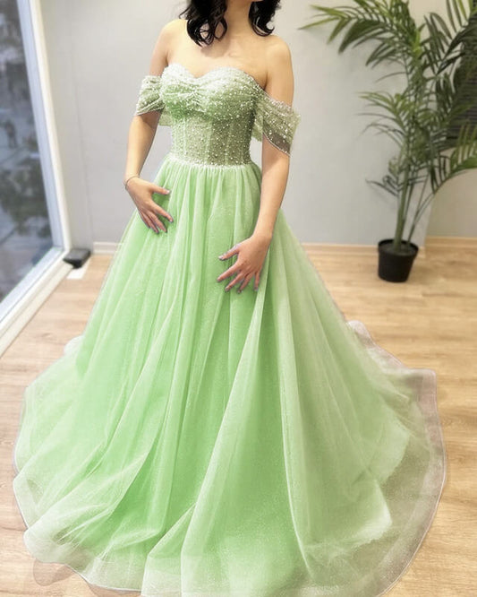 Light Green Beaded Tulle Off-the-shoulder Dress