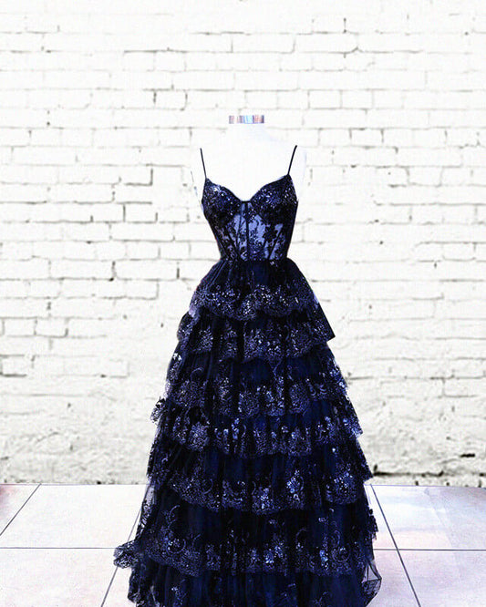 Navy Blue Sequin Lace Prom Dress