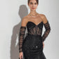 Mermaid Crystal Beaded Black Satin Slit Dress With Sleeves