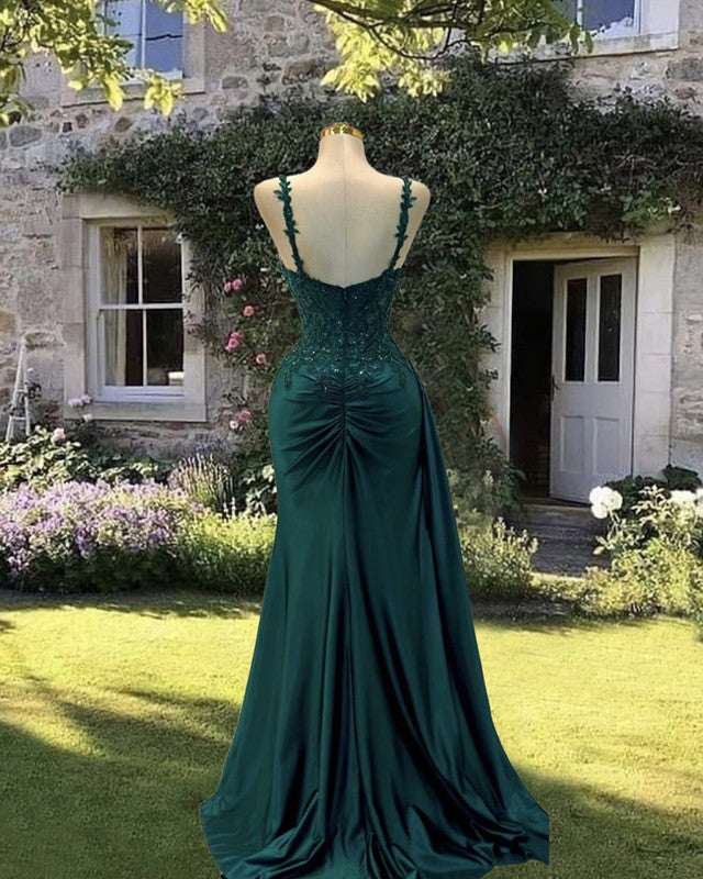 Mermaid Appliques V Neck Satin Dress