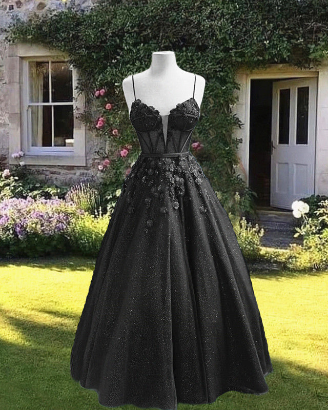 Glittter Tulle Plunge Neck Ball Gown Dress