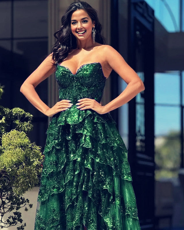 emerald green prom dress 2025 V Neck Ruffle Lace – Lisposa Dress graduation SIZING GUIDE:TRUE TO SIZE. LIVE 12/12/2025 LW Neutral Mother Of The