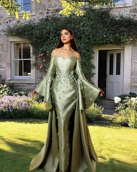 Mermaid Sage Satin Puffy Sleeve Dress