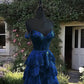 Navy Blue Lace Ruffles Split Dress