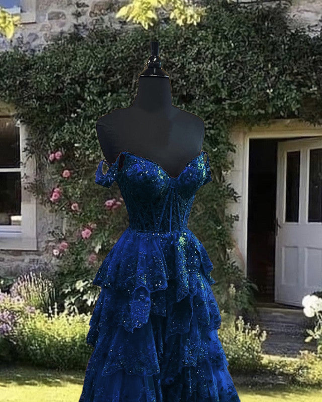 Navy Blue Lace Ruffles Split Dress
