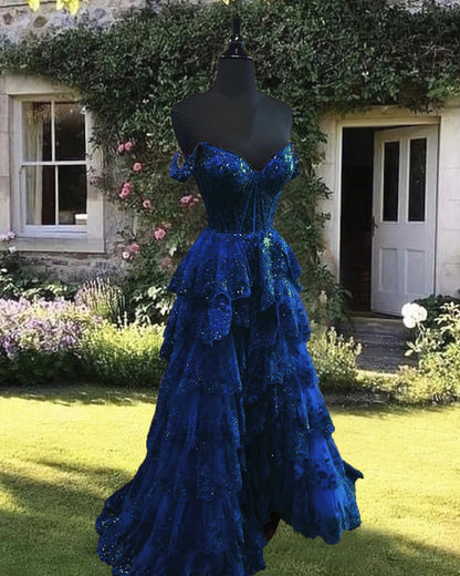 Navy Blue Lace Ruffles Prom Dress With Slit Lisposa Navy Blue Lace Ruffles Prom Dress With Slit Lisposa