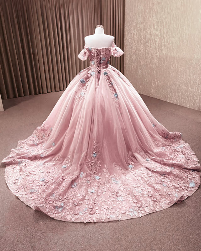 3D Lace Flowers Ball Gown Off Shoulder Dress