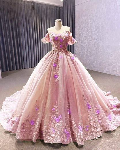 Pink 3D Flower Ball Gown