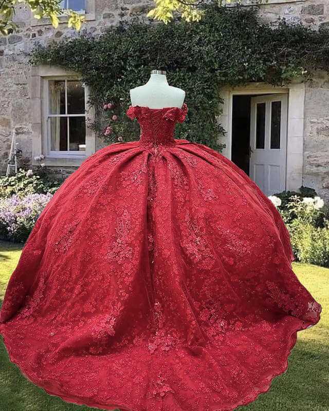 Red Lace Embrodiery Ball Gown Off Shoulder Dress