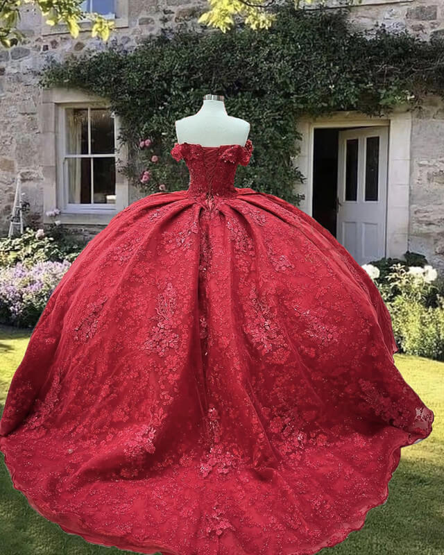 Red Lace Embrodiery Ball Gown Off Shoulder Dress Lisposa Red Lace Embrodiery Ball Gown Off Shoulder Dress Lisposa