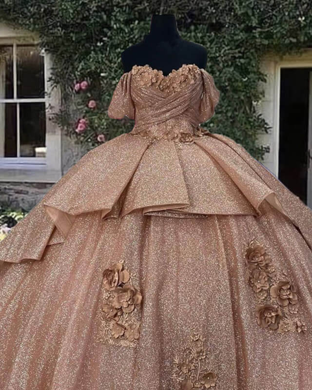 Rose Gold Sparkly Ball Gown Off Shoulder Dress