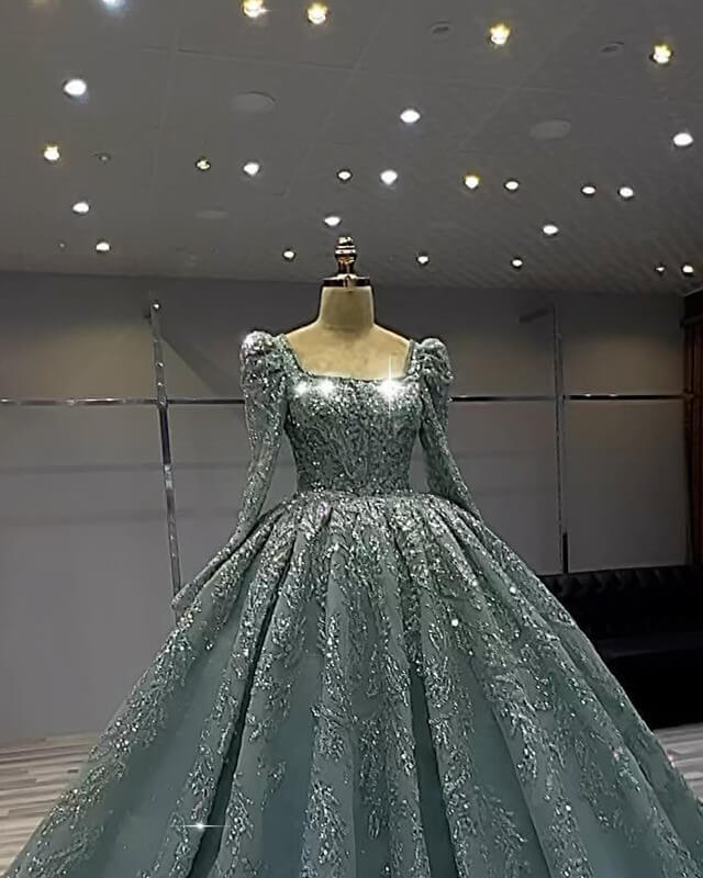 Long Sleeves Square Neck Ball Gown Sage Dress