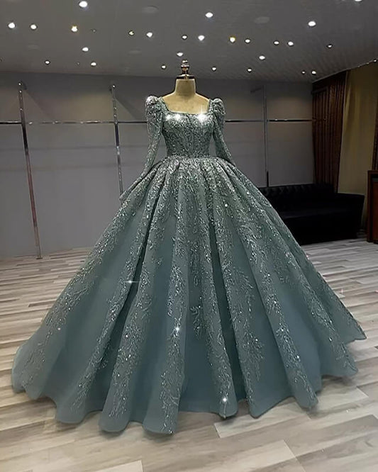Long Sleeves Square Neck Ball Gown Sage Dress