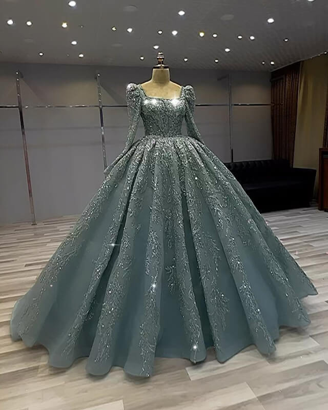 Long Sleeves Square Neck Ball Gown Sage Dress