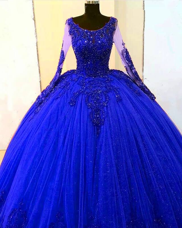 Long Sleeves Royal Blye Tulle Appliques Ball Gown Dress