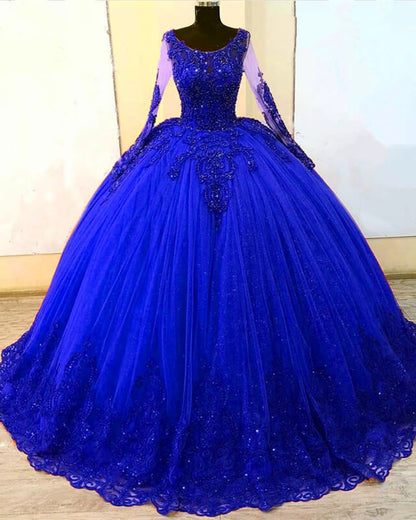 Long Sleeves Royal Blye Tulle Appliques Ball Gown Dress