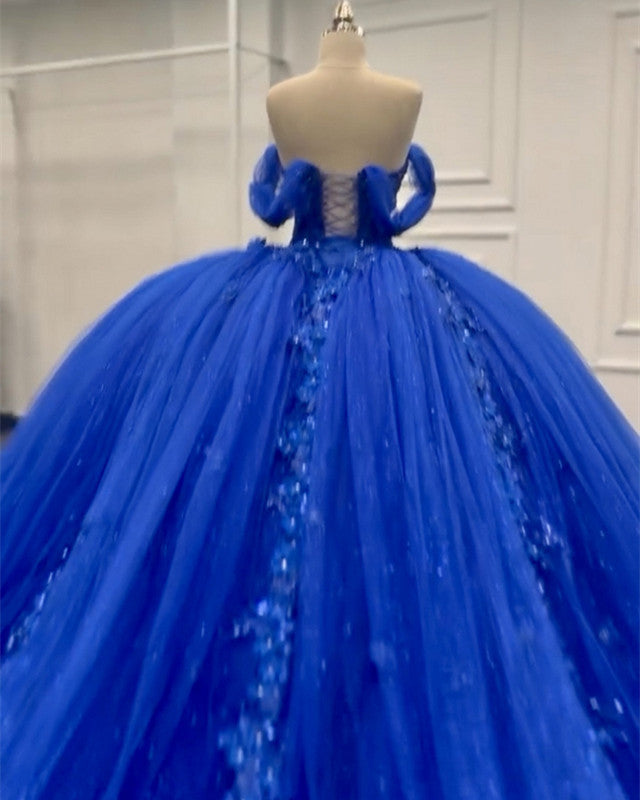Royal Blue Tulle Off Shoulder Appliques Dress