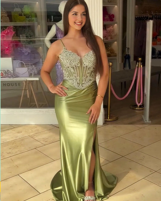 Mermaid Embroidery V Neck Satin Split Dress