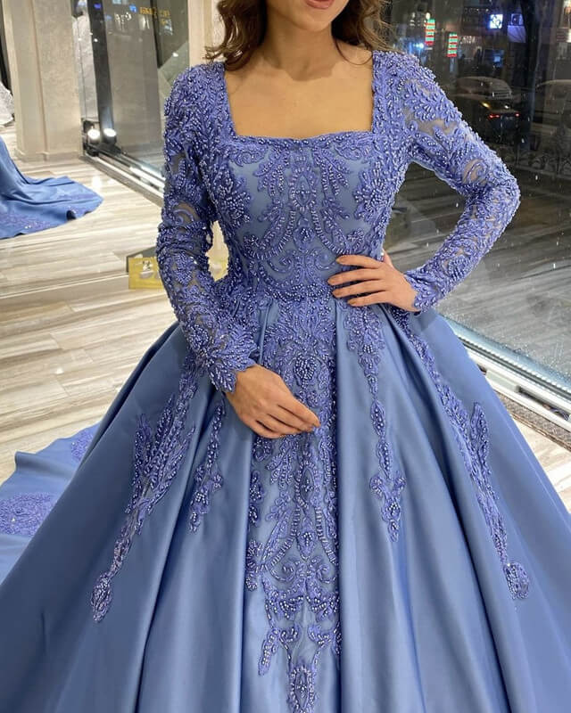 Dusty Blue Ball Gown Satin Appliques Dress Lisposa Dusty Blue Ball Gown Satin Appliques Dress Lisposa