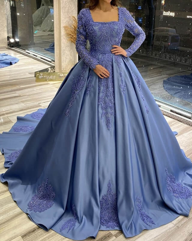 Dusty Blue Ball Gown Satin Appliques Dress