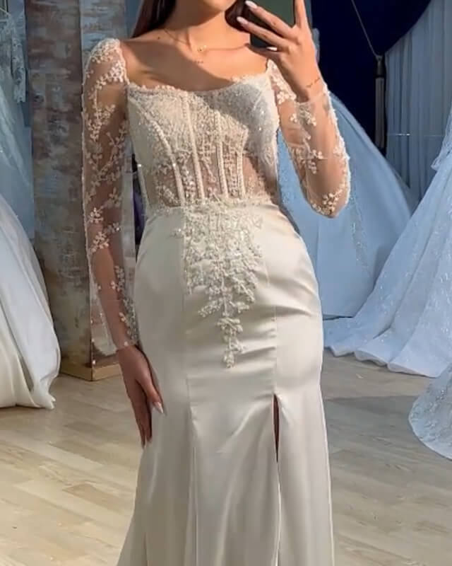 Mermaid Removable Train Wedding Dress With Sleeves