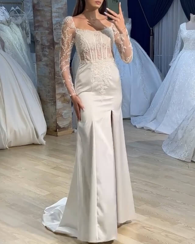 Mermaid Removable Train Wedding Dress With Sleeves
