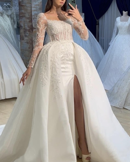 Mermaid Removable Train Wedding Dress With Sleeves