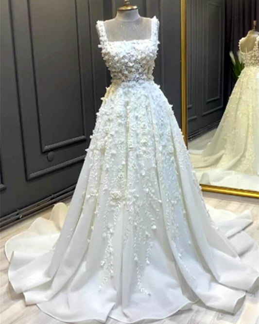 A-line Square Neck Satin Wedding Dress With 3D Flwoers
