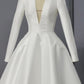 A-line Plunge Neck Tea Length Satin Wedding Dress
