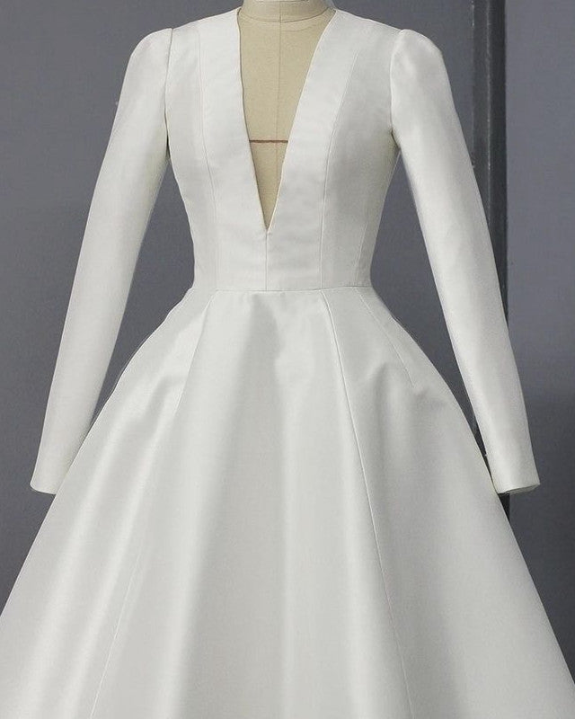 A-line Plunge Neck Tea Length Satin Wedding Dress