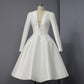 A-line Plunge Neck Tea Length Satin Wedding Dress