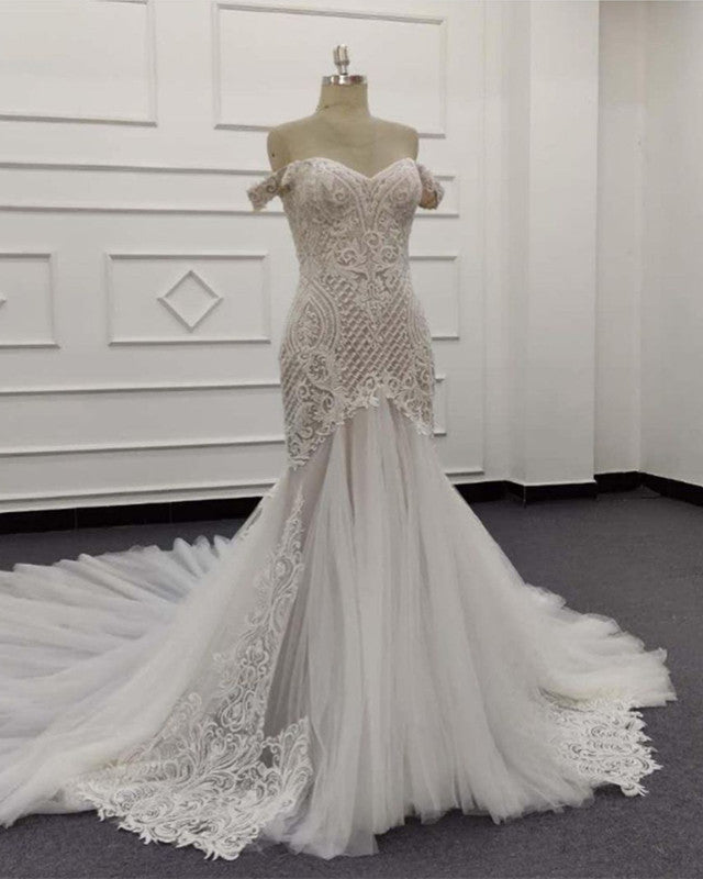 Mermaid Ivory Lace Embroidery Tulle Wedding Dress