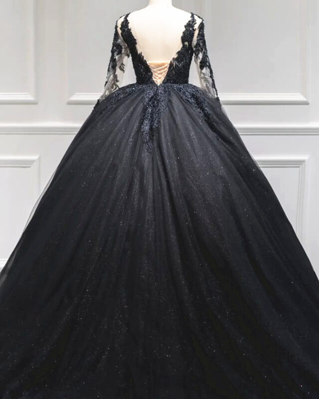 Black Tulle Sheer Neck Appliques Ball Gown Dress