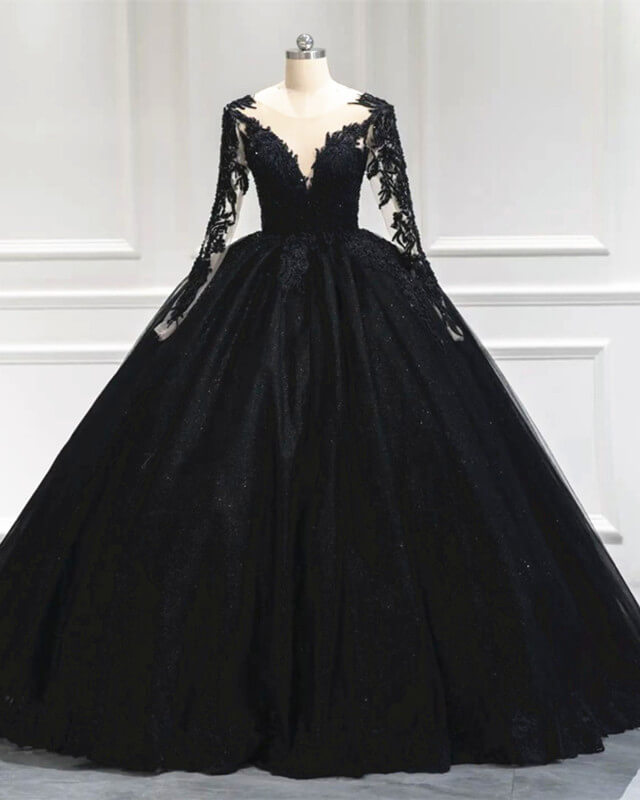 Black Tulle Long Sleeve Wedding Dress