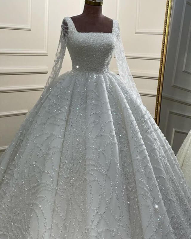 Long Sleeves Sequin Pattern Ball Gown Wedding Dress