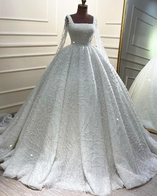 Long Sleeves Sequin Pattern Ball Gown Wedding Dress
