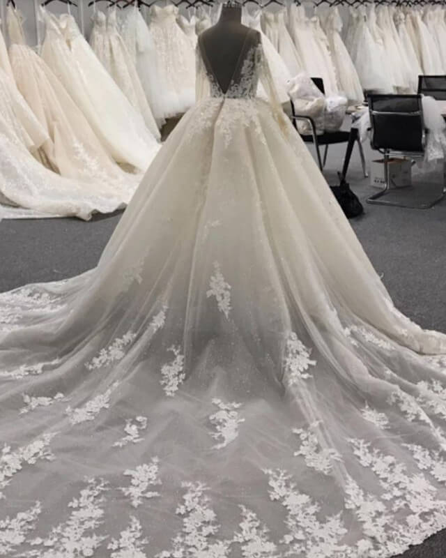 Poofy Lace Long Sleeve Wedding Dress