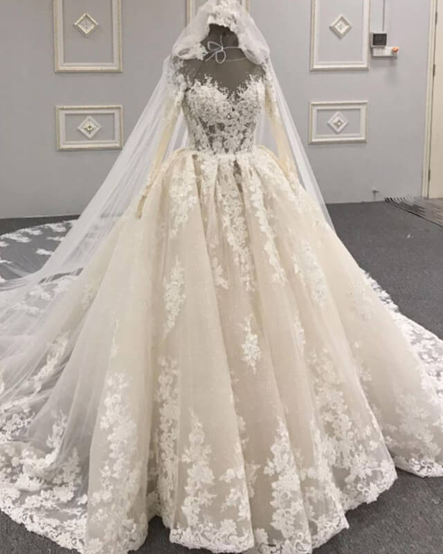Poofy Lace Long Sleeve Wedding Dress