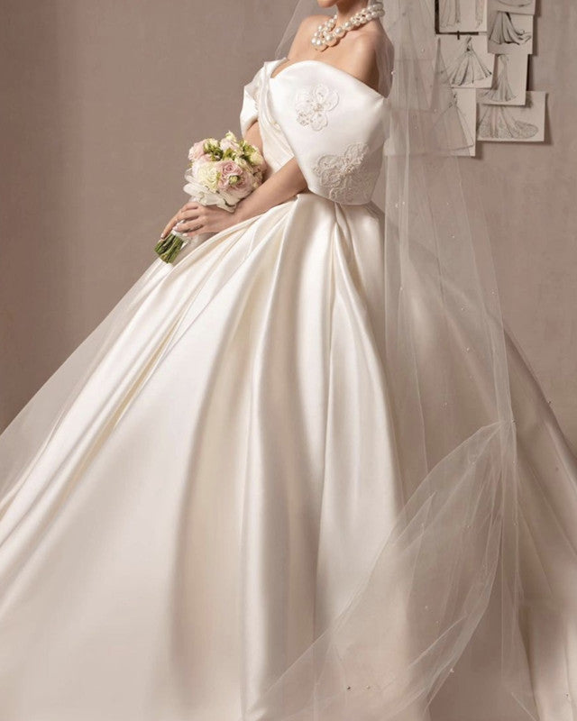 Ball Gown Satin Off Shoulder Bridal Satin Dress