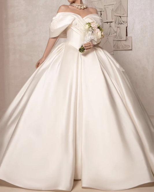 Ball Gown Satin Off Shoulder Bridal Satin Dress