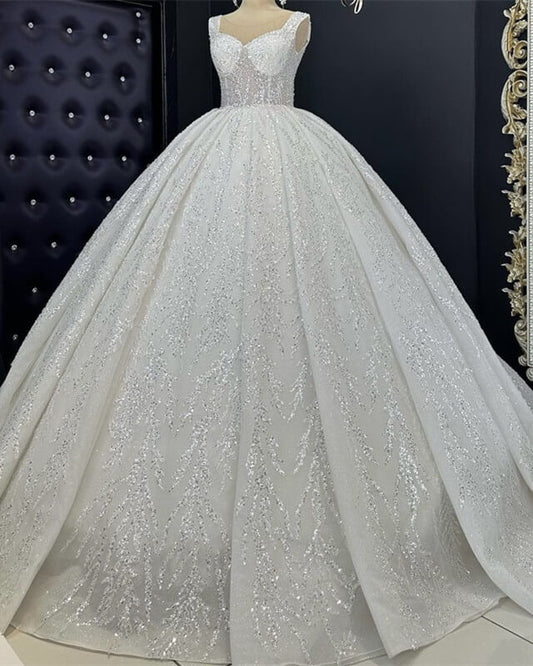 Ivory V-neck Sparkly Wedding Ball Gown Dress